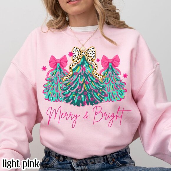 Christmas Sweatshirt Merry Bright Xmas Tree Sweater Pink Holiday Festive Bow 05 - Picture 1 of 5